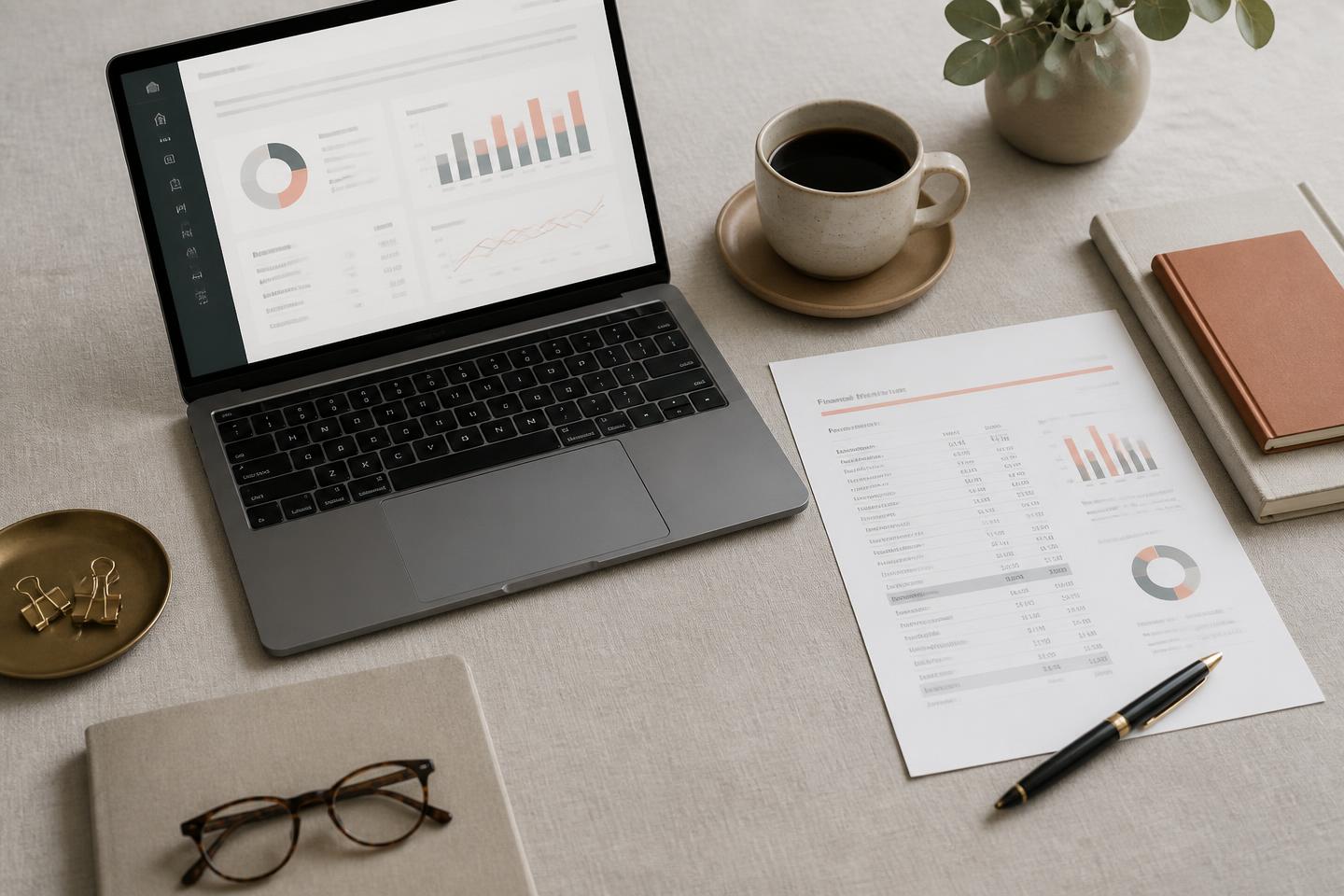 Financial reports and a laptop dashboard used for practice accounting